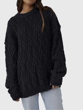 Free People 'Isla' Cable-Knit Pullover Tunic Sweater in Black Size XS
